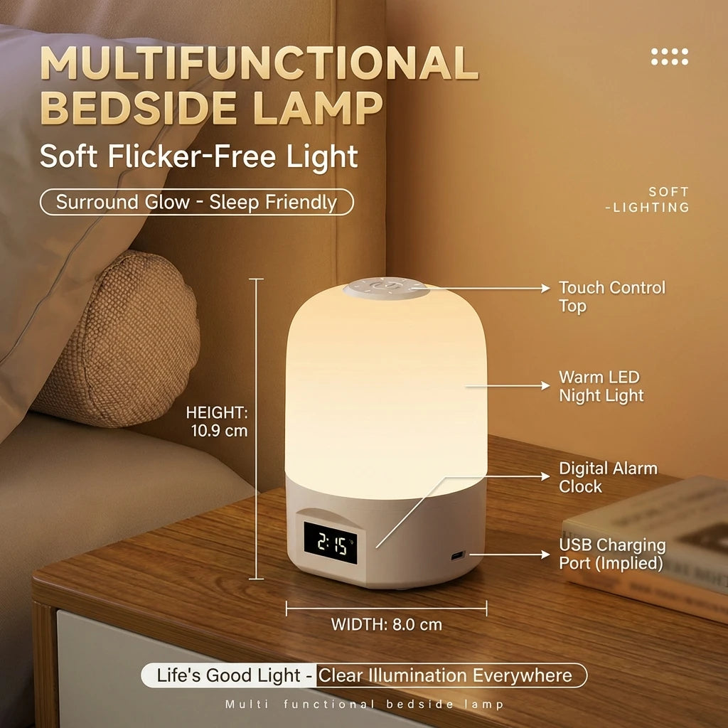 LED Bedside Lamp with Clock Display Touch Control Dimmable Night Light USB Rechargeable for Bedroom Baby Feeding