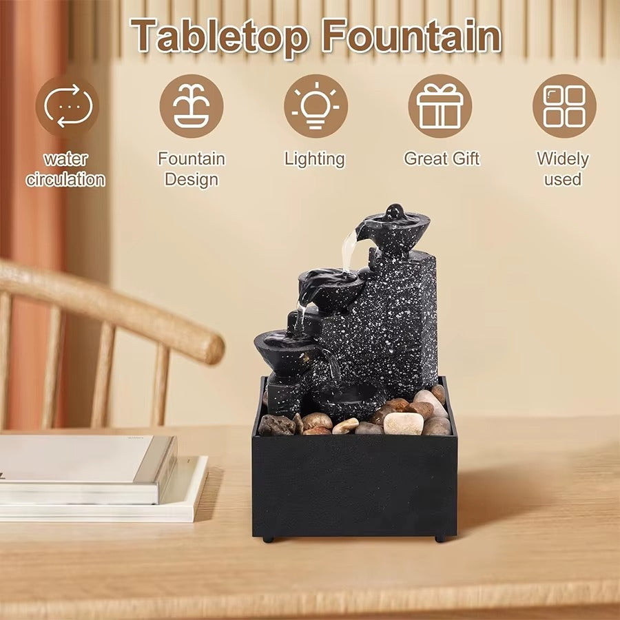 The mini Zen tabletop fountain is displayed as a thoughtful birthday or housewarming gift for friends and coworkers.