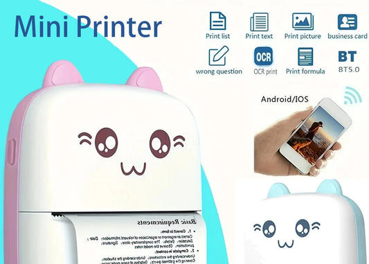 Mini printer with cartoon design on a blue background