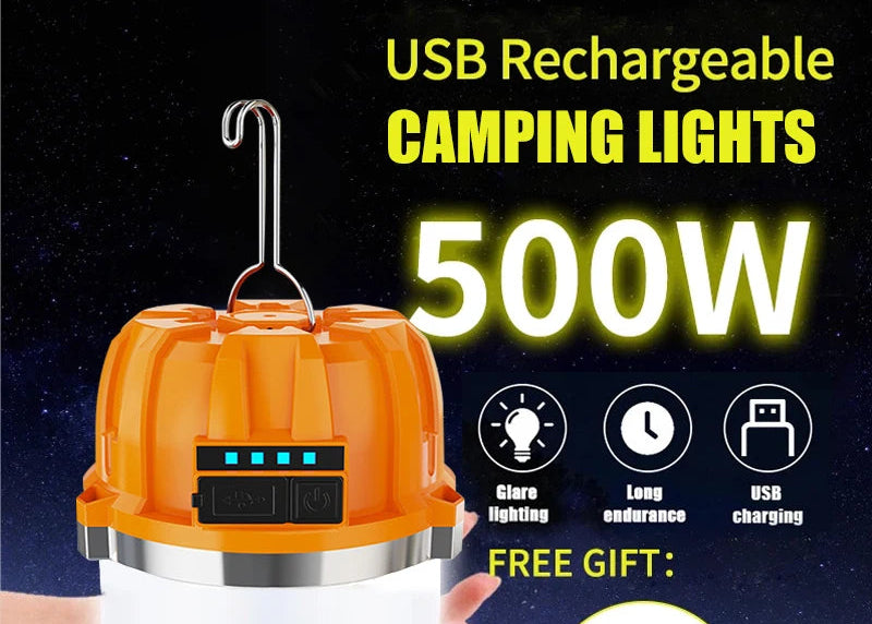 USB rechargeable camping light with a hand holding it, featuring text about its power and features.