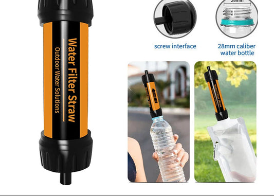 Filterwell water filter straw with text on outdoor water solutions.