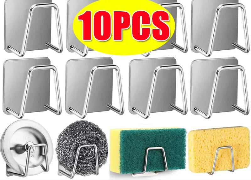Set of 10 metal wall hooks with cleaning tools on a white background