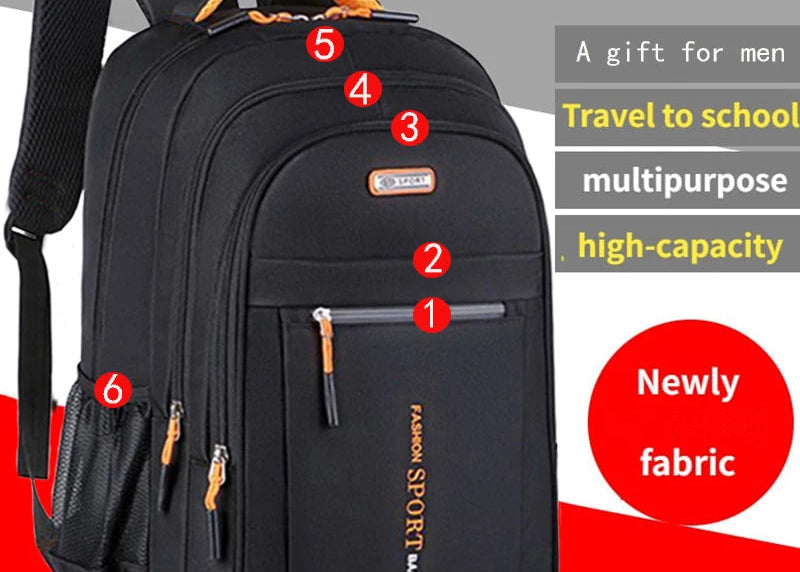 Black backpack with orange accents on a red and gray background, featuring text about its uses and features.