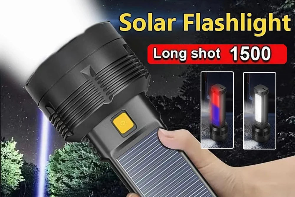 Solar flashlight being held with a long light beam in a dark forest setting, labeled 'Solar Flashlight Long shot 1500'.