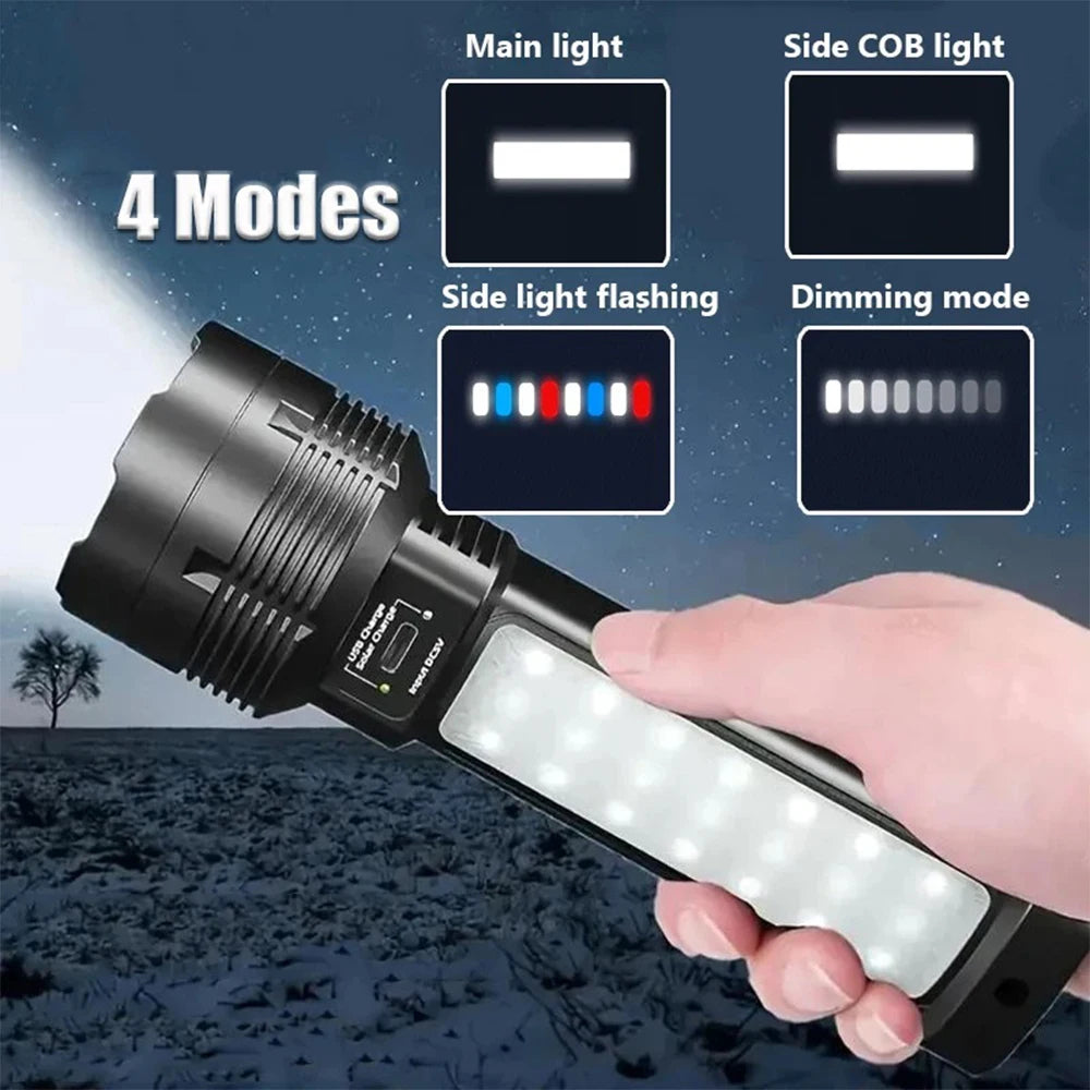 Powerful LED Flashlight With COB Side Light Lantern USB Rechargeable Solar Powered Handheld Torch For Outdoor Camping Fishing