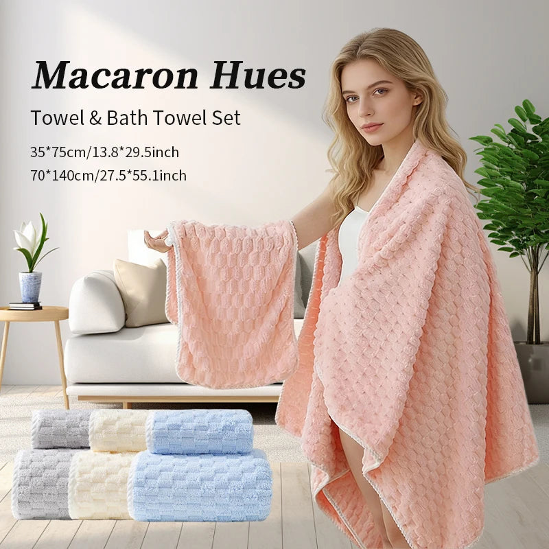 2-Piece Coral Fleece Towel Set, Soft & Highly Absorbent, Stylish Bath Towel & Hand Towel for Bathroom Daily Use