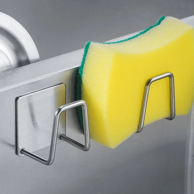 Kitchen Sink Sponge Rack Stainless Steel Drain Storage Holder Self Adhesive Wire Ball Rag Brush Drying Organizer Sink Wall Hooks