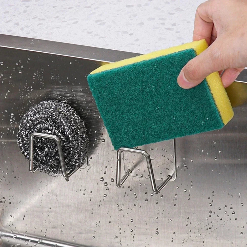 Kitchen Sink Sponge Rack Stainless Steel Drain Storage Holder Self Adhesive Wire Ball Rag Brush Drying Organizer Sink Wall Hooks