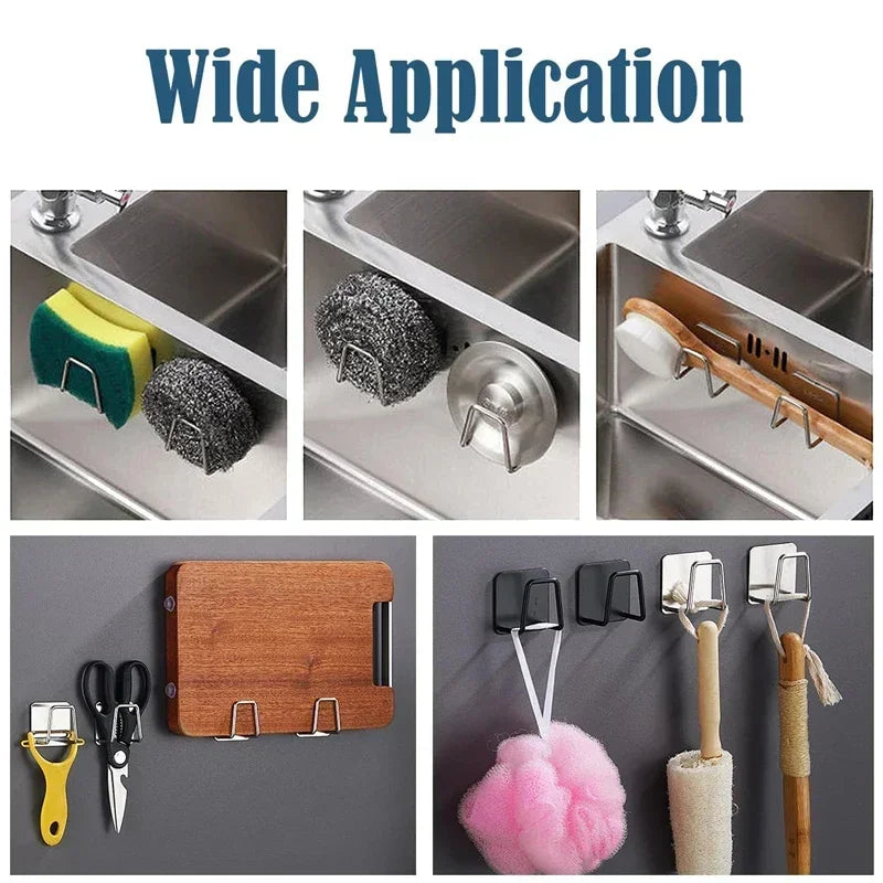 Kitchen Sink Sponge Rack Stainless Steel Drain Storage Holder Self Adhesive Wire Ball Rag Brush Drying Organizer Sink Wall Hooks