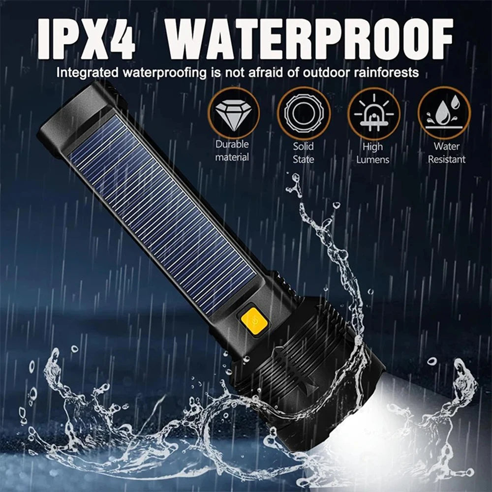 Powerful LED Flashlight With COB Side Light Lantern USB Rechargeable Solar Powered Handheld Torch For Outdoor Camping Fishing