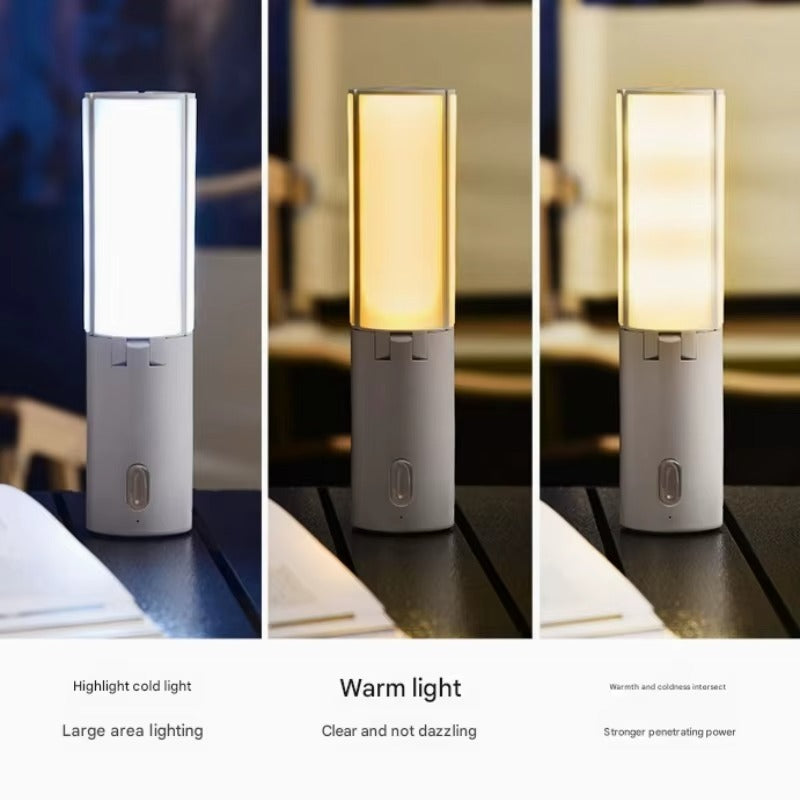 Three different light settings of a portable lamp on a table.