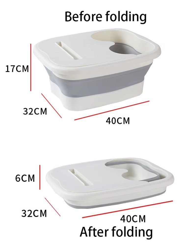 "A blue and white foldable foot bath massage bucket shown in its expanded state, featuring built-in massage rollers at the base and a sturdy carry handle. Ideal for home pedicures and portable foot soaking."