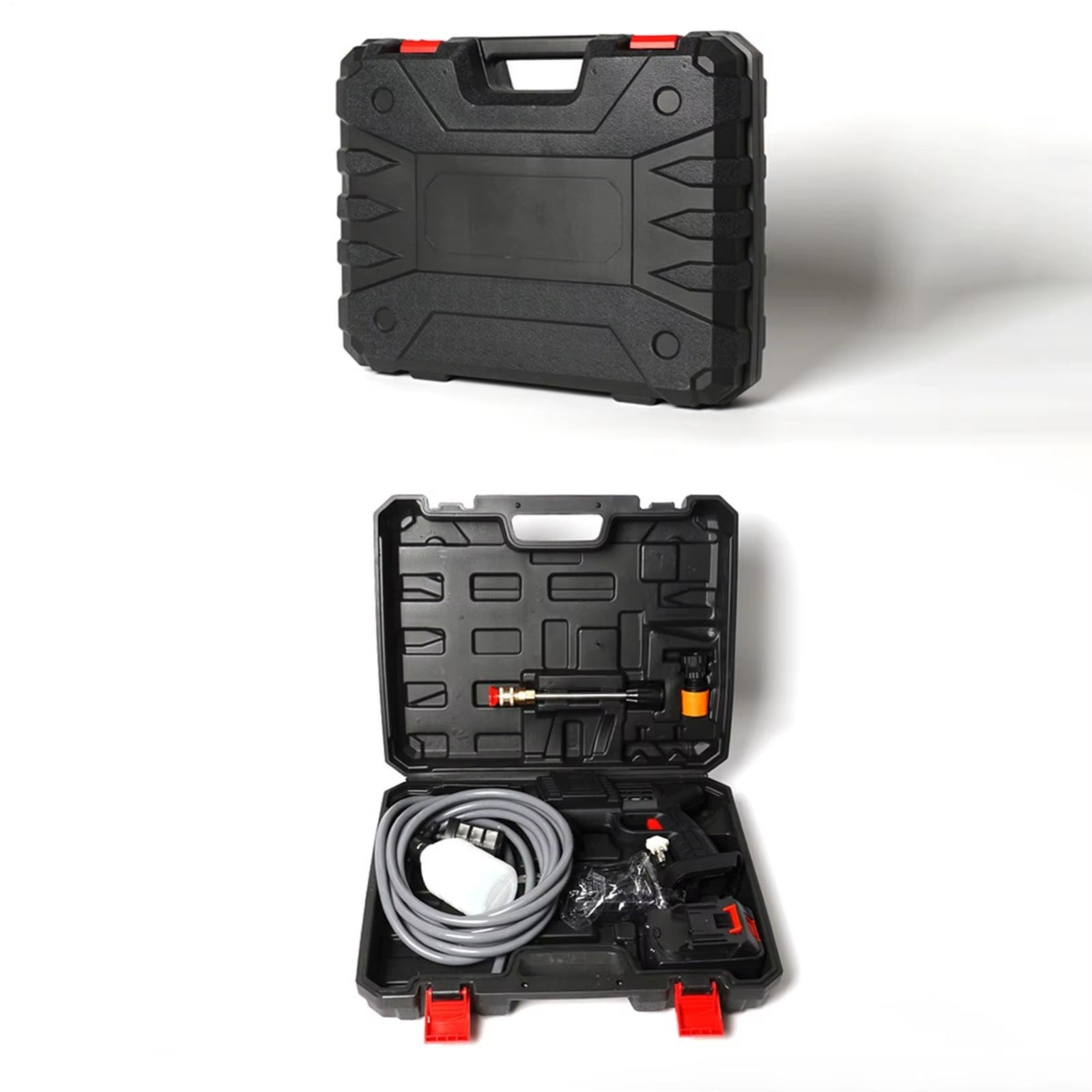 Interior of a power washer kit showing the spray gun, battery, hose, and extension nozzle organized in custom foam slots.