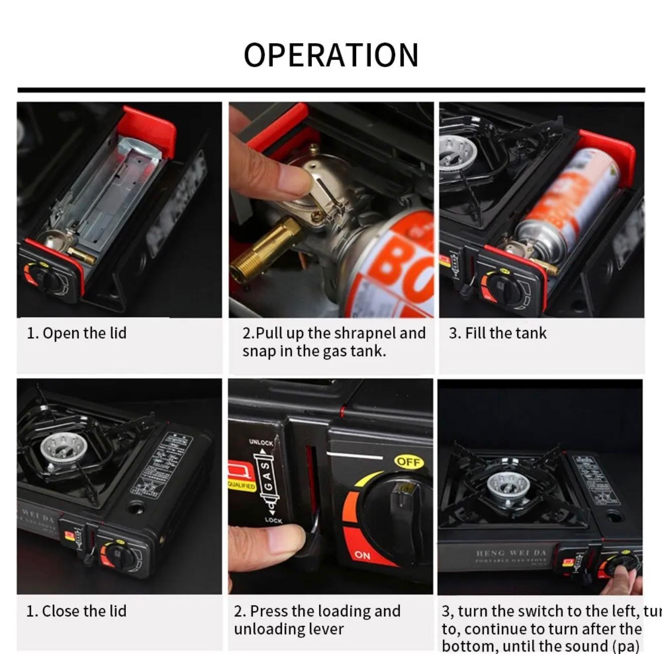 Step-by-step guide on how to operate a portable gas stove with labeled images and text.