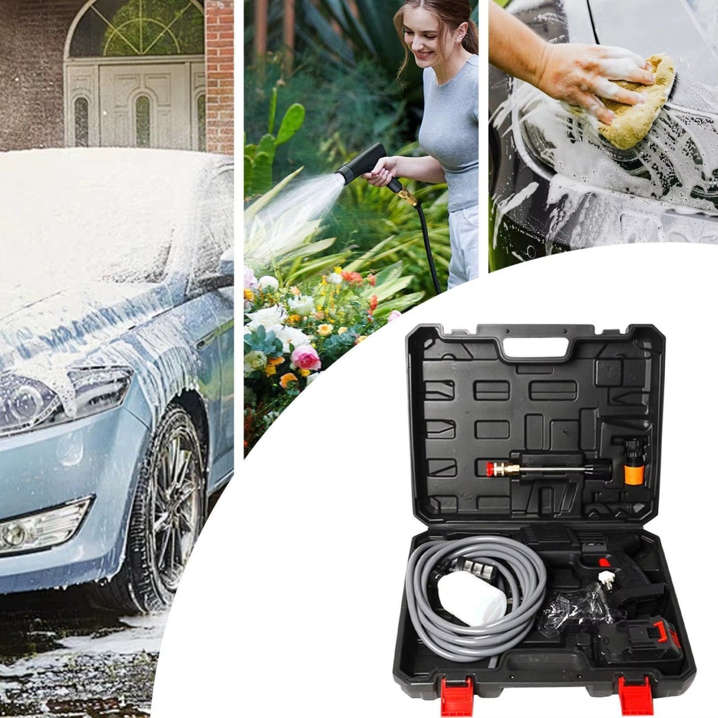 All-in-one cordless portable pressure washer kit in a black hard-shell carry case with hose and accessories.