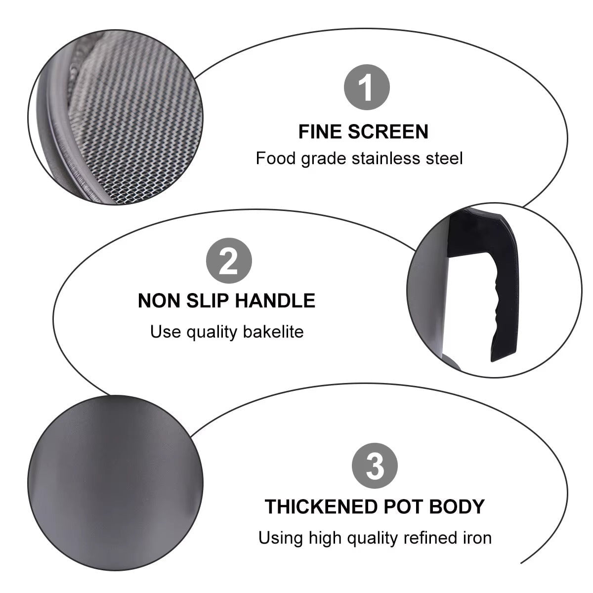 Polished stainless steel oil filter pot with a fine mesh strainer, ergonomic handle, and anti-slip base tray.