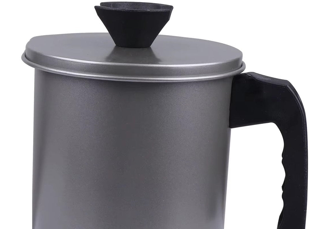 Polished stainless steel oil filter pot with a fine mesh strainer, ergonomic handle, and anti-slip base tray.