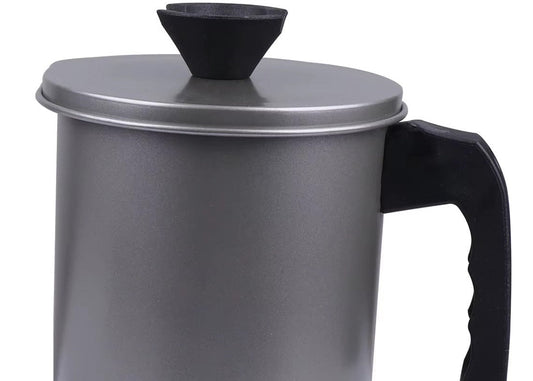 Polished stainless steel oil filter pot with a fine mesh strainer, ergonomic handle, and anti-slip base tray.