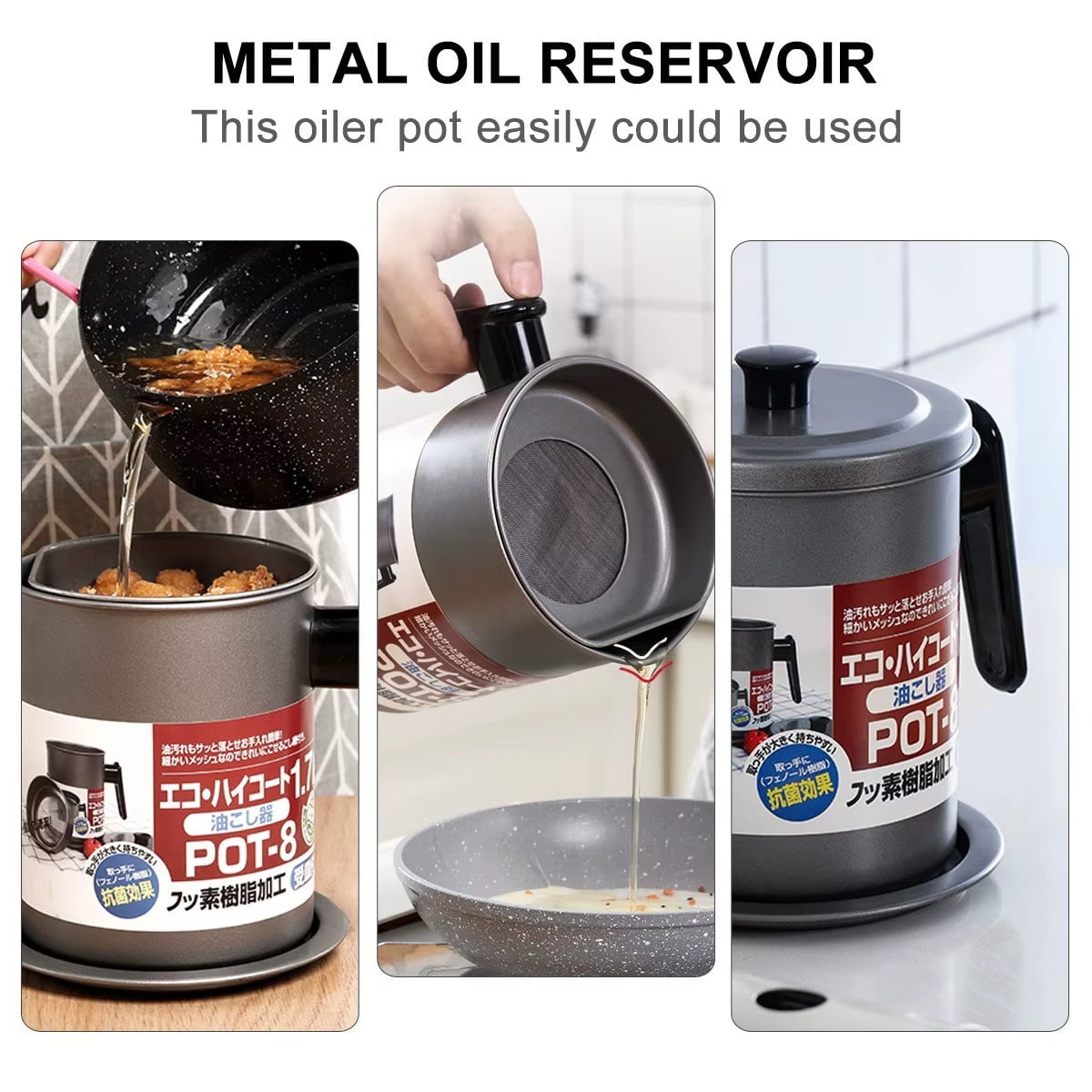 Polished stainless steel oil filter pot with a fine mesh strainer, ergonomic handle, and anti-slip base tray.