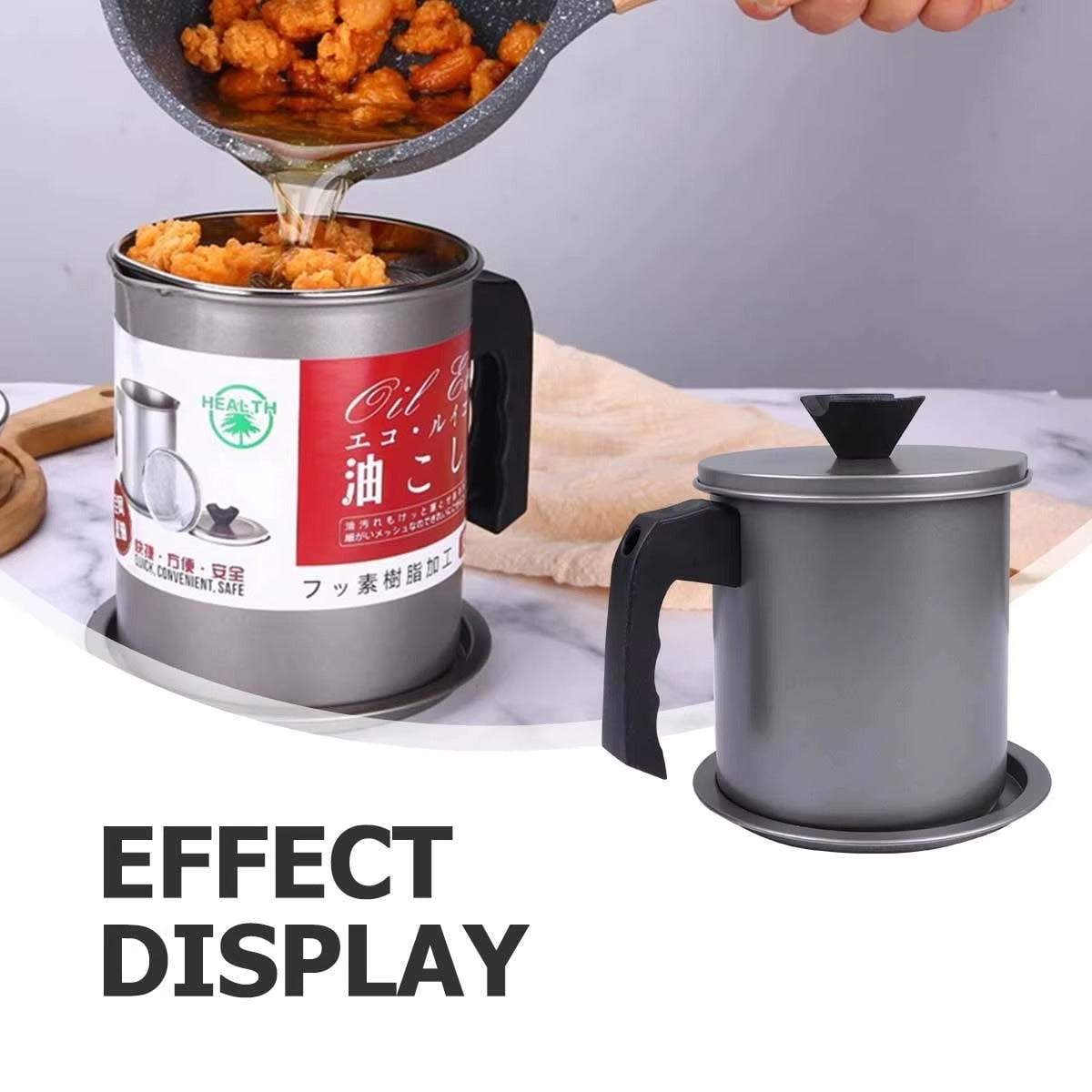 Polished stainless steel oil filter pot with a fine mesh strainer, ergonomic handle, and anti-slip base tray.