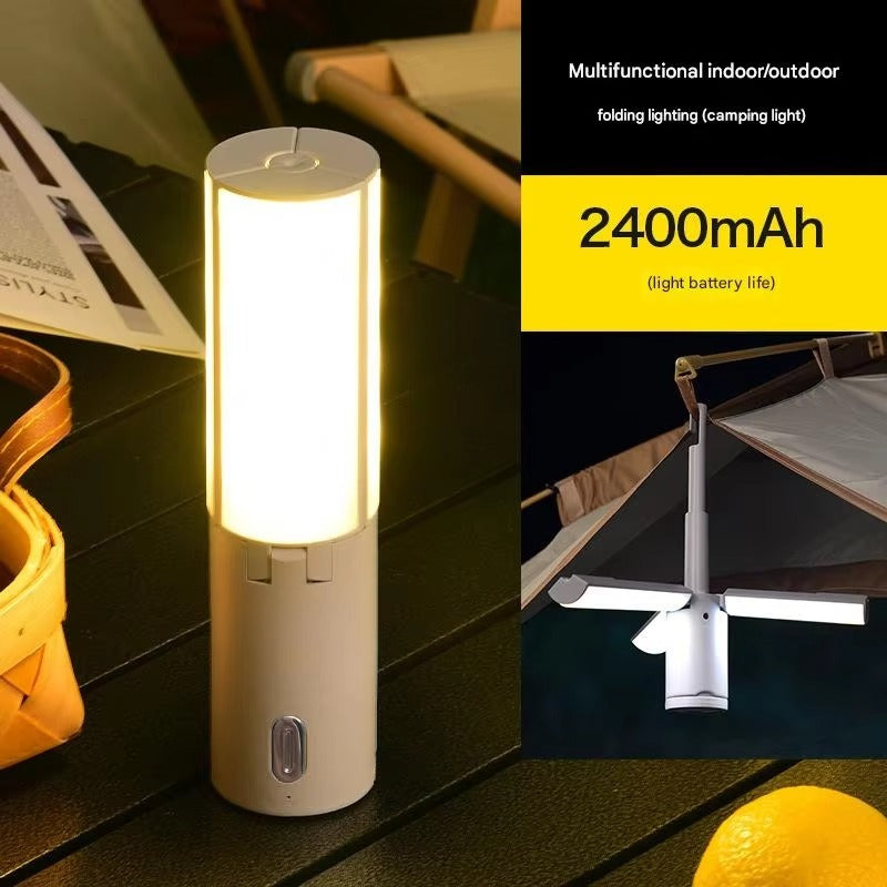 Multifunctional indoor/outdoor folding light with 2400mAh battery life on a wooden surface.