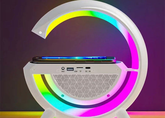 RGB wireless charging desk lamp with colorful light effects on a dark background