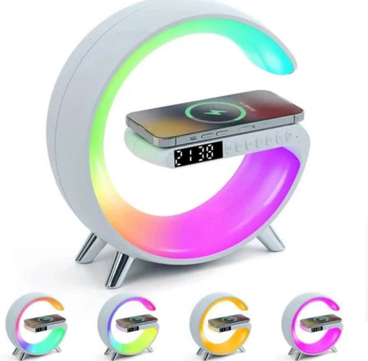 CORECOM® G-Shape RGB Desktop Lamp with 15W Fast Wireless Charger | Smart Bluetooth Speaker & Atmosphere Light for Bedroom & Office | Sunrise Alarm Clock & App Control