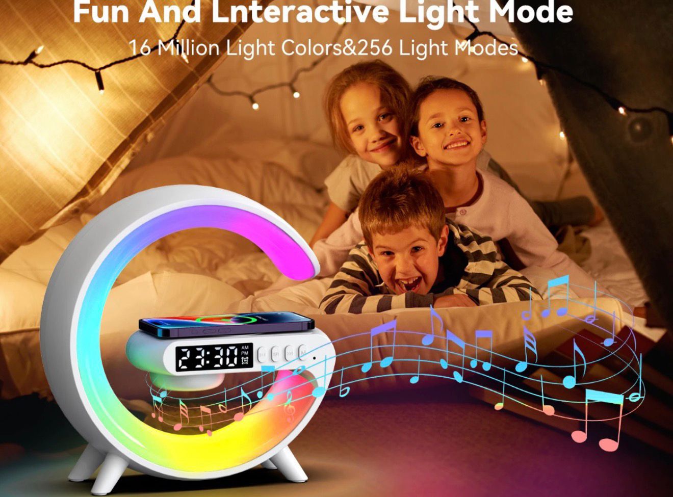 CORECOM® G-Shape RGB Desktop Lamp with 15W Fast Wireless Charger | Smart Bluetooth Speaker & Atmosphere Light for Bedroom & Office | Sunrise Alarm Clock & App Control