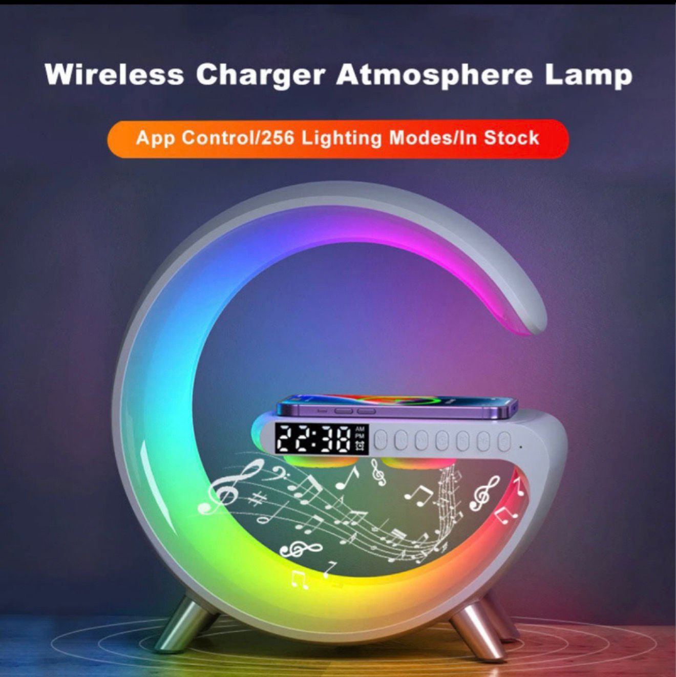 CORECOM® G-Shape RGB Desktop Lamp with 15W Fast Wireless Charger | Smart Bluetooth Speaker & Atmosphere Light for Bedroom & Office | Sunrise Alarm Clock & App Control