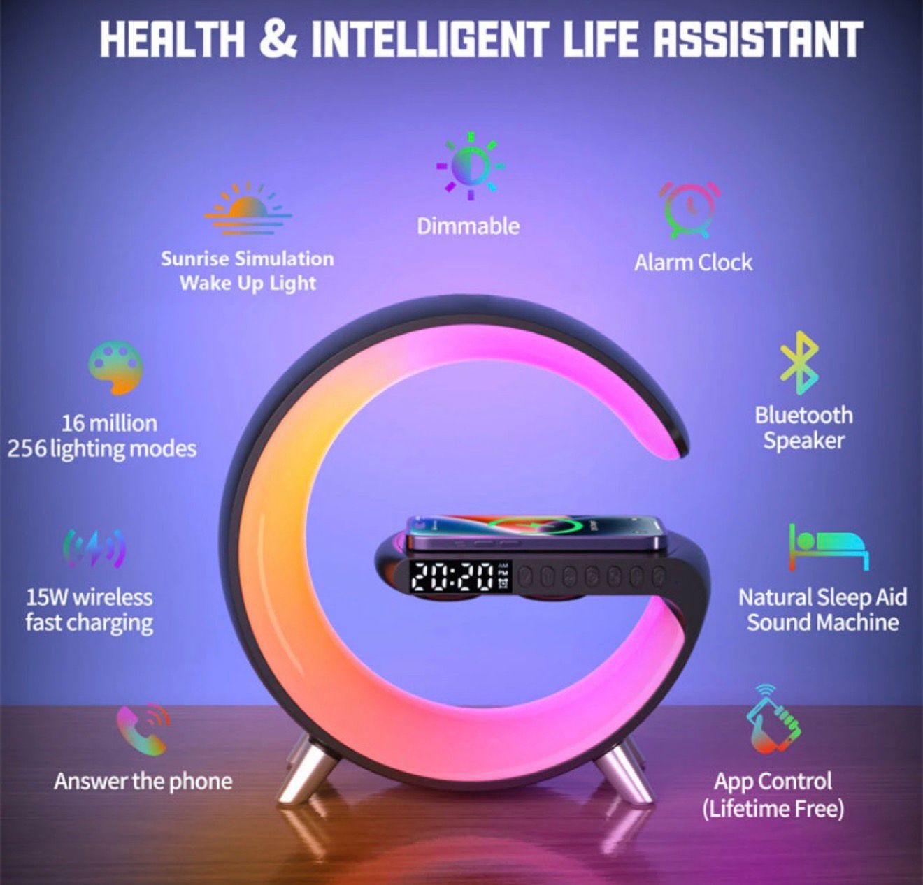 CORECOM® G-Shape RGB Desktop Lamp with 15W Fast Wireless Charger | Smart Bluetooth Speaker & Atmosphere Light for Bedroom & Office | Sunrise Alarm Clock & App Control