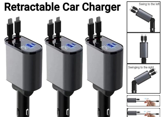 CORECOM® 🔌 120W 4-in-1 Retractable Car Charger – Fast Charge Cord & Cigarette Lighter Adapter | USB-C for iPhone, Samsung, , and all devices |