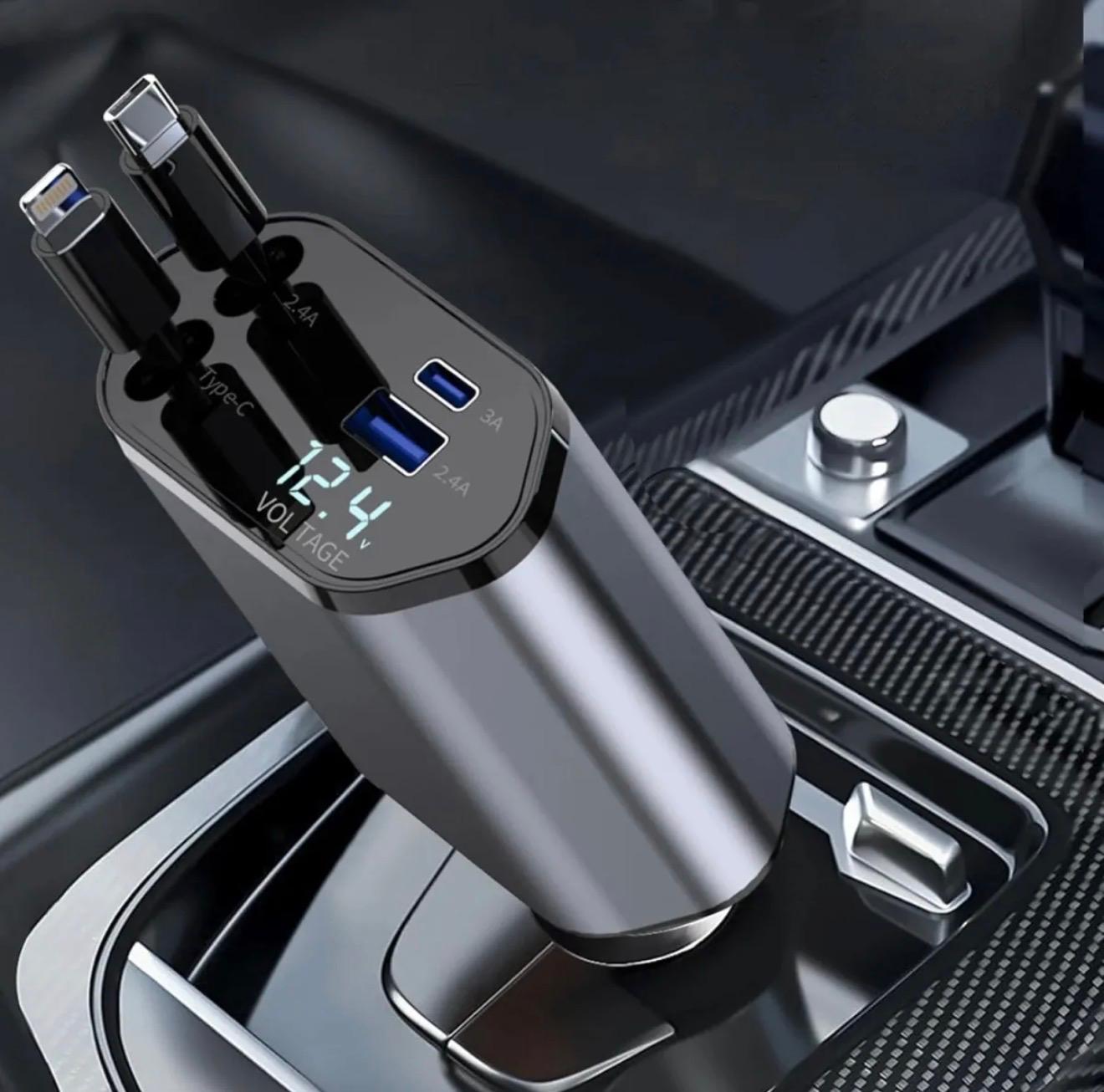 CORECOM® 🔌 120W 4-in-1 Retractable Car Charger – Fast Charge Cord & Cigarette Lighter Adapter | USB-C for iPhone, Samsung, , and all devices |