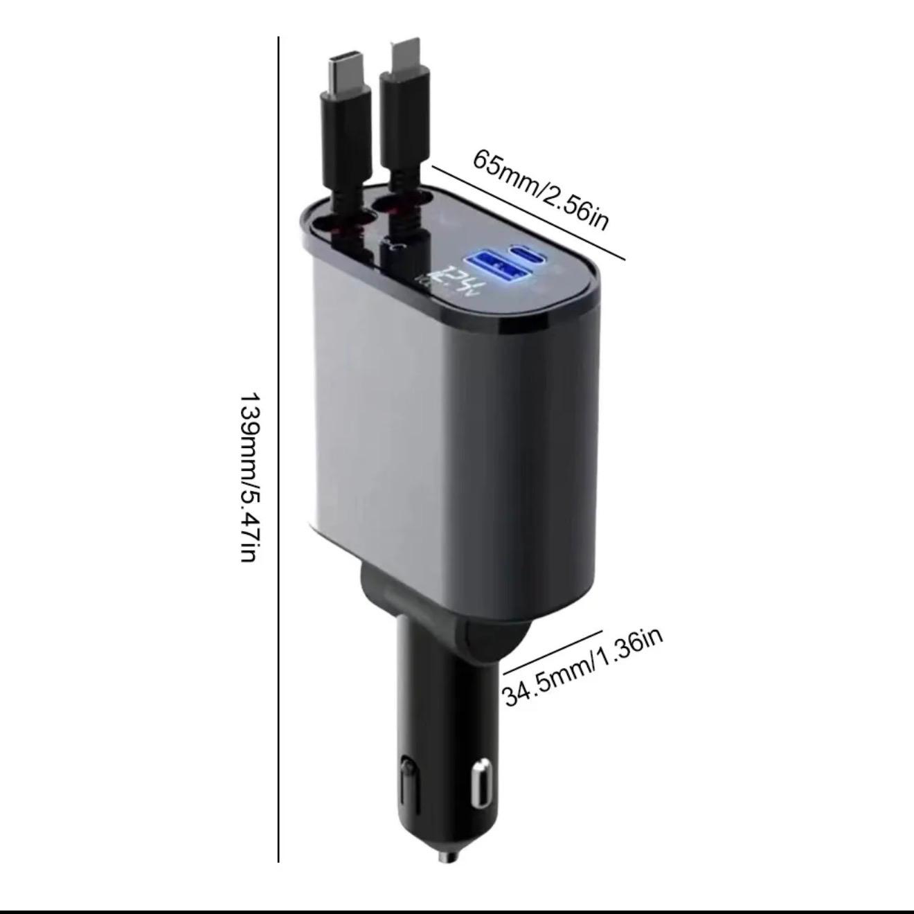 CORECOM® 🔌 120W 4-in-1 Retractable Car Charger – Fast Charge Cord & Cigarette Lighter Adapter | USB-C for iPhone, Samsung, , and all devices |