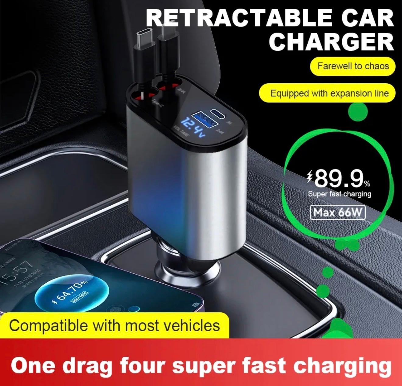 CORECOM® 🔌 120W 4-in-1 Retractable Car Charger – Fast Charge Cord & Cigarette Lighter Adapter | USB-C for iPhone, Samsung, , and all devices |