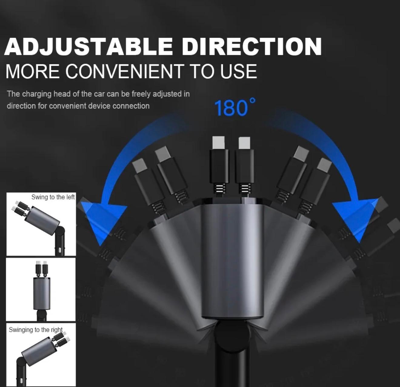 CORECOM® 🔌 120W 4-in-1 Retractable Car Charger – Fast Charge Cord & Cigarette Lighter Adapter | USB-C for iPhone, Samsung, , and all devices |