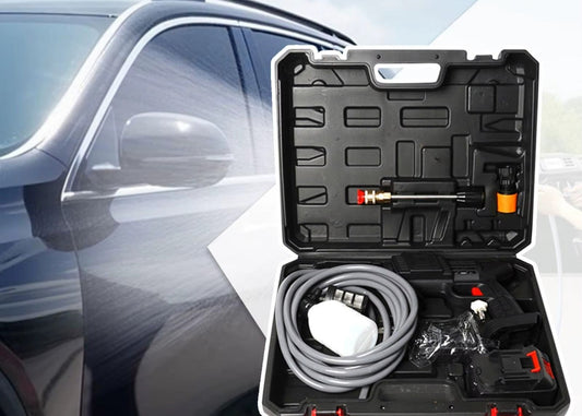 Car wash pressure washer kit with hose and nozzles in a black case against a car background