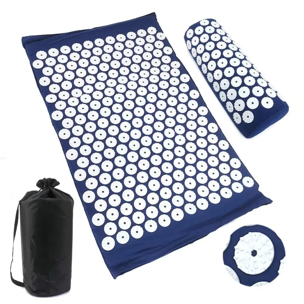 Full CORECOM® acupressure massage mat and matching neck pillow in deep purple.