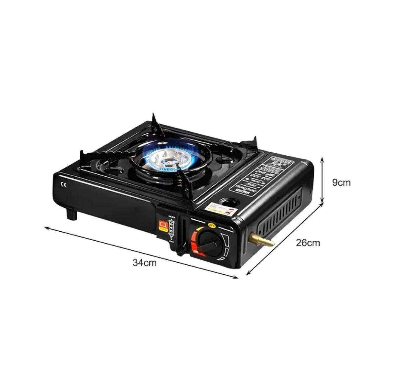 High-efficiency CORECOM outdoor stove connected to a butane canister for camping meals.