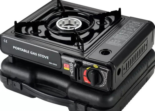 CORECOM® portable camping stove with three foldable stainless steel support arms for steady outdoor cooking.