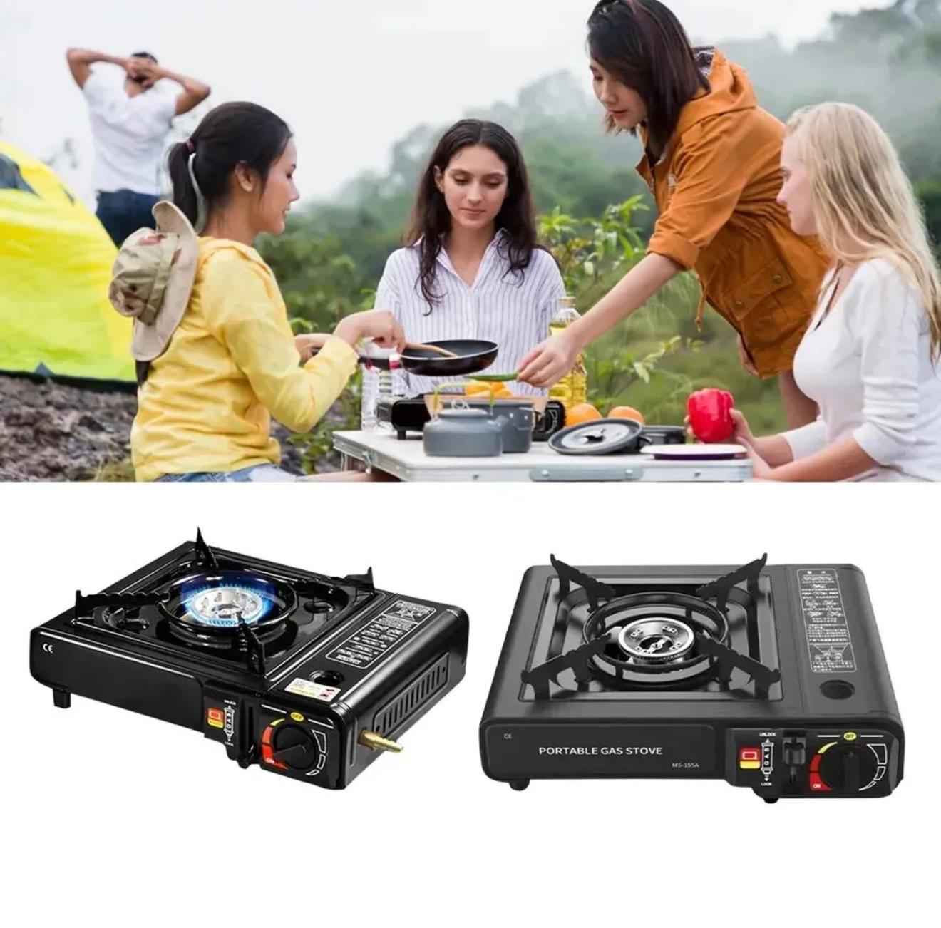 Lightweight CORECOM gas stove for hiking and backpacking, compact design for easy travel.