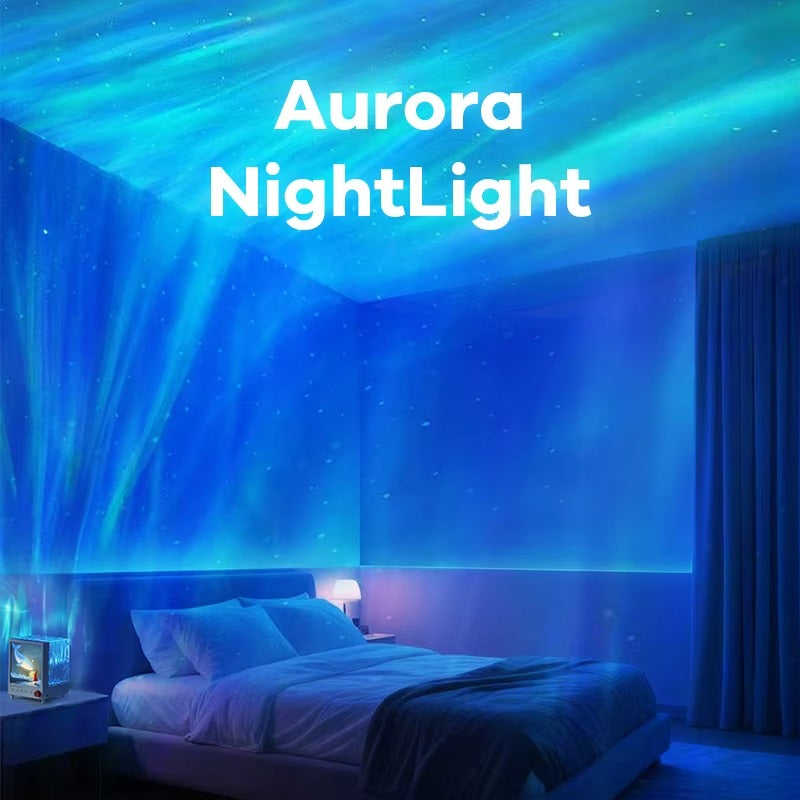 Vibrant green and purple aurora borealis light effects projected across a dark bedroom ceiling by CORECOM®.