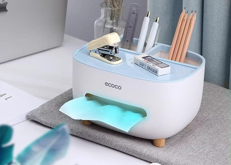 CORECOM® ECOCO multifunctional tissue box and desk organizer in a white and gray finish.
