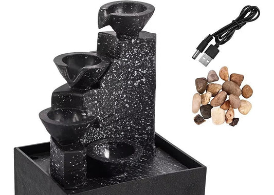 3-tier mini Zen tabletop fountain with warm LED lighting and a calming cascading water flow for home decor.